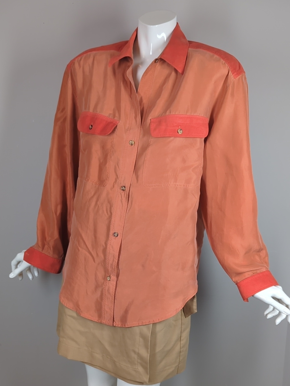 Vintage Silk Blouse Diane Gilman Shoulder Pads Orange Oversized 80s M